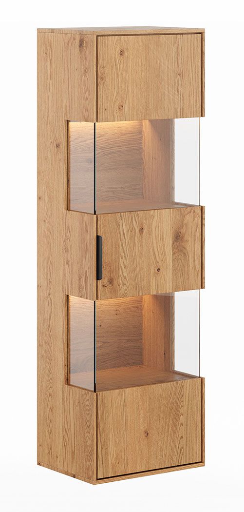 Armadio a muro Rania 01 in rovere naturale, in legno massiccio, 1 anta, 4 ripiani 142 x 43 x 33 cm, illuminazione LED inclusa, 5 scomparti, chiusura ammortizzata