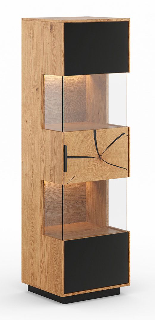 Vetrina Rania 17 con 1 anta, 147 x 43 x 39 cm, illuminazione LED inclusa, in rovere/nero, frontale in vetro e legno di testa, 4 ripiani, 5 scomparti, maniglie in metallo