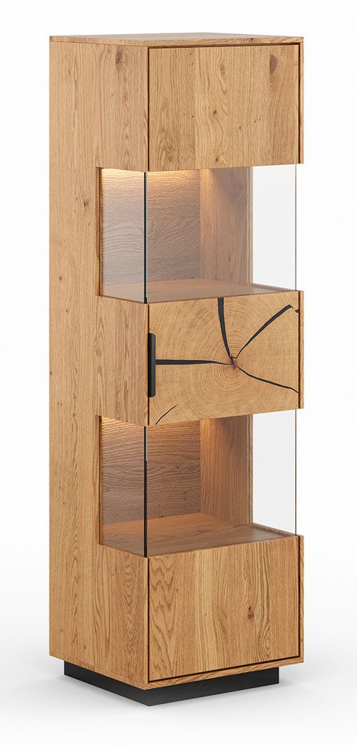 Vetrina Rania 12 con illuminazione LED, 147 x 43 x 39 cm, in rovere naturale, legno massiccio, parte anteriore in legno di testa, 1 anta, 5 scomparti, 4 ripiani, chiusura ammortizzata