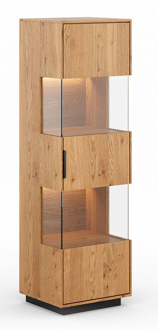 Vetrina Rania 02 in legno massiccio, in rovere naturale, 147 x 43 x 39 cm, maniglie in metallo, 5 scomparti, 4 ripiani, 1 anta, illuminazione LED inclusa, chiusura ammortizzata