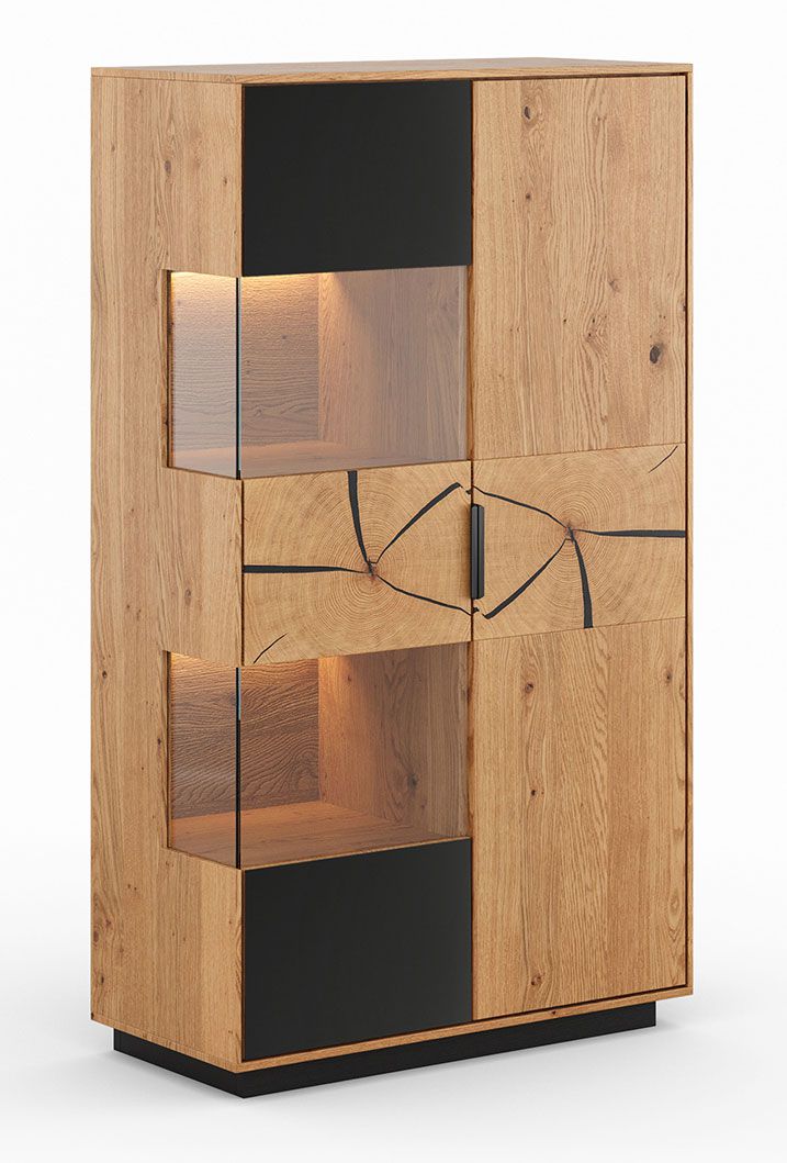 Vetrina Rania 18 a 2 ante, in legno massiccio, rovere/nero, 52 x 200 x 39 cm, maniglie in metallo nero, 10 scomparti, 7 ripiani, illuminazione LED inclusa