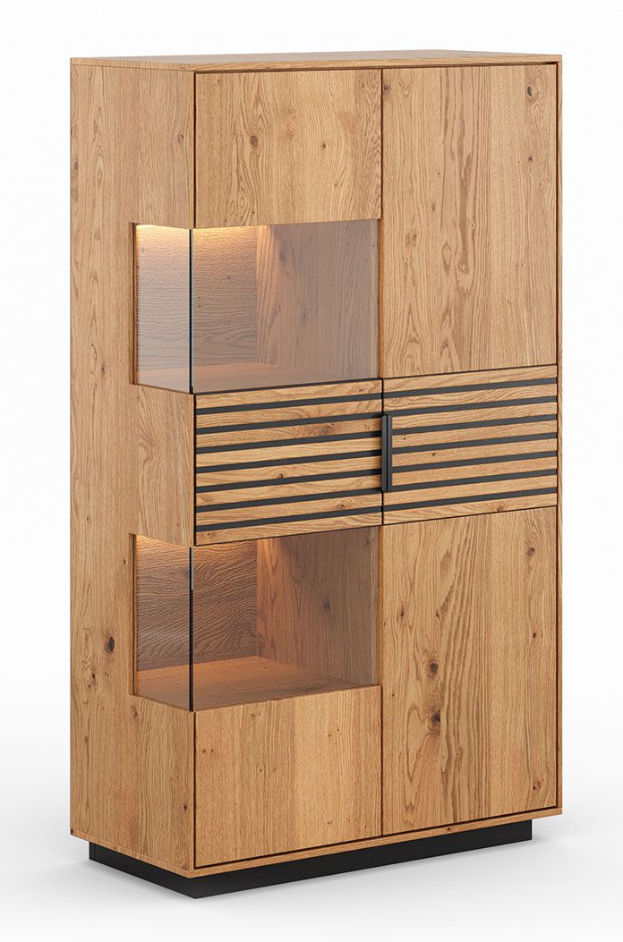 Vetrina Rania 08 a 2 ante, 147 x 83 x 39 cm in legno massiccio in rovere/nero, 10 scomparti spaziosi, 7 ripiani, 2 ante, illuminazione LED inclusa, maniglie in metallo