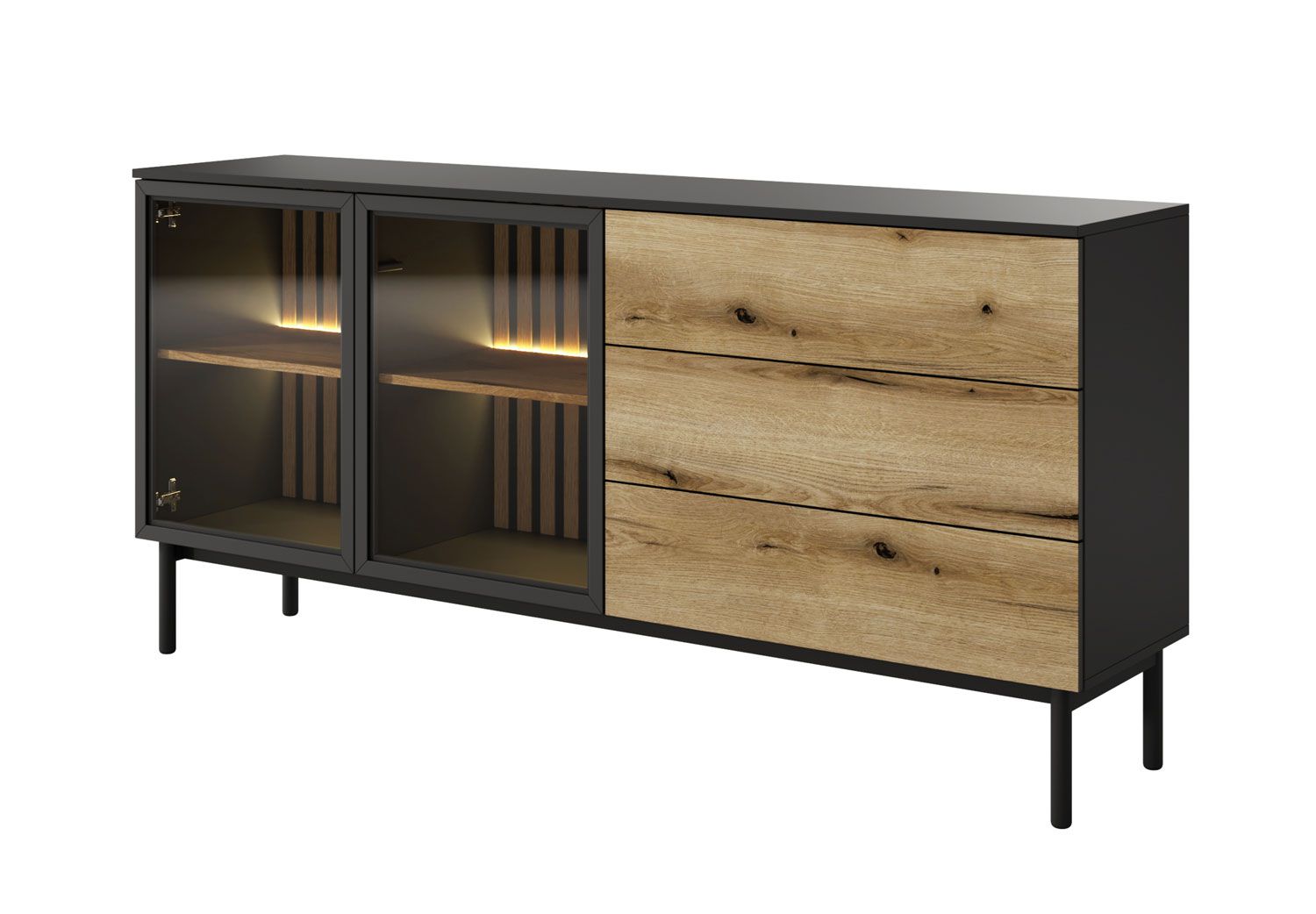 Credenza con funzione push-to-open Zeraoua 04, illuminazione LED inclusa, protezione bordi in ABS, colore: nero / rovere, dimensioni: 84 x 180 x 39 cm, quattro vani