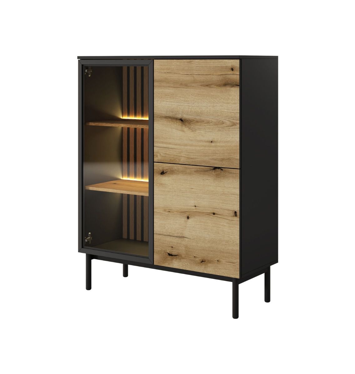 Vetrinetta con sette scomparti Zeraoua 02, funzione push-to-open, colore: nero/rovere, illuminazione LED inclusa, dimensioni: 125 x 100 x 39 cm, 3 ante