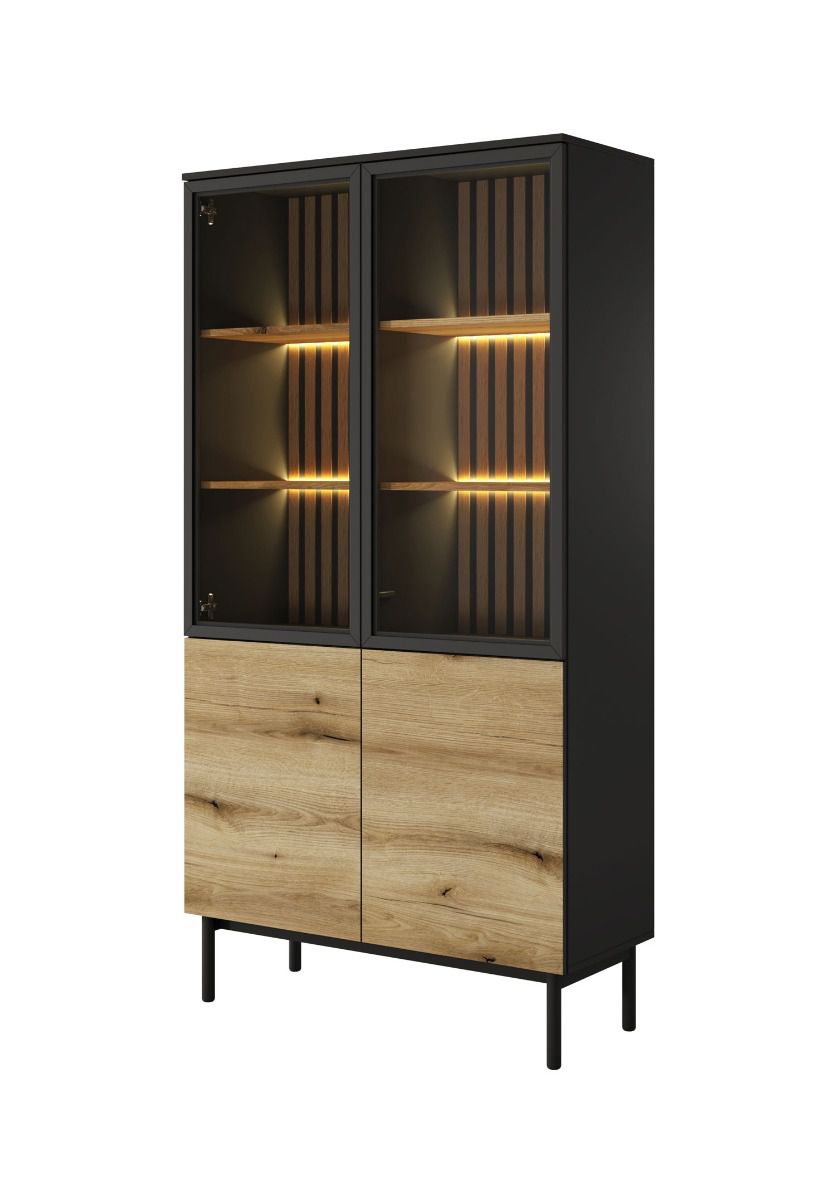 Grande vetrina con illuminazione a LED Zeraoua 01, doghe in rovere, quattro ante, colore: nero/rovere, apertura a pressione, dimensioni: 188 x 100 x 39 cm, 10 vani