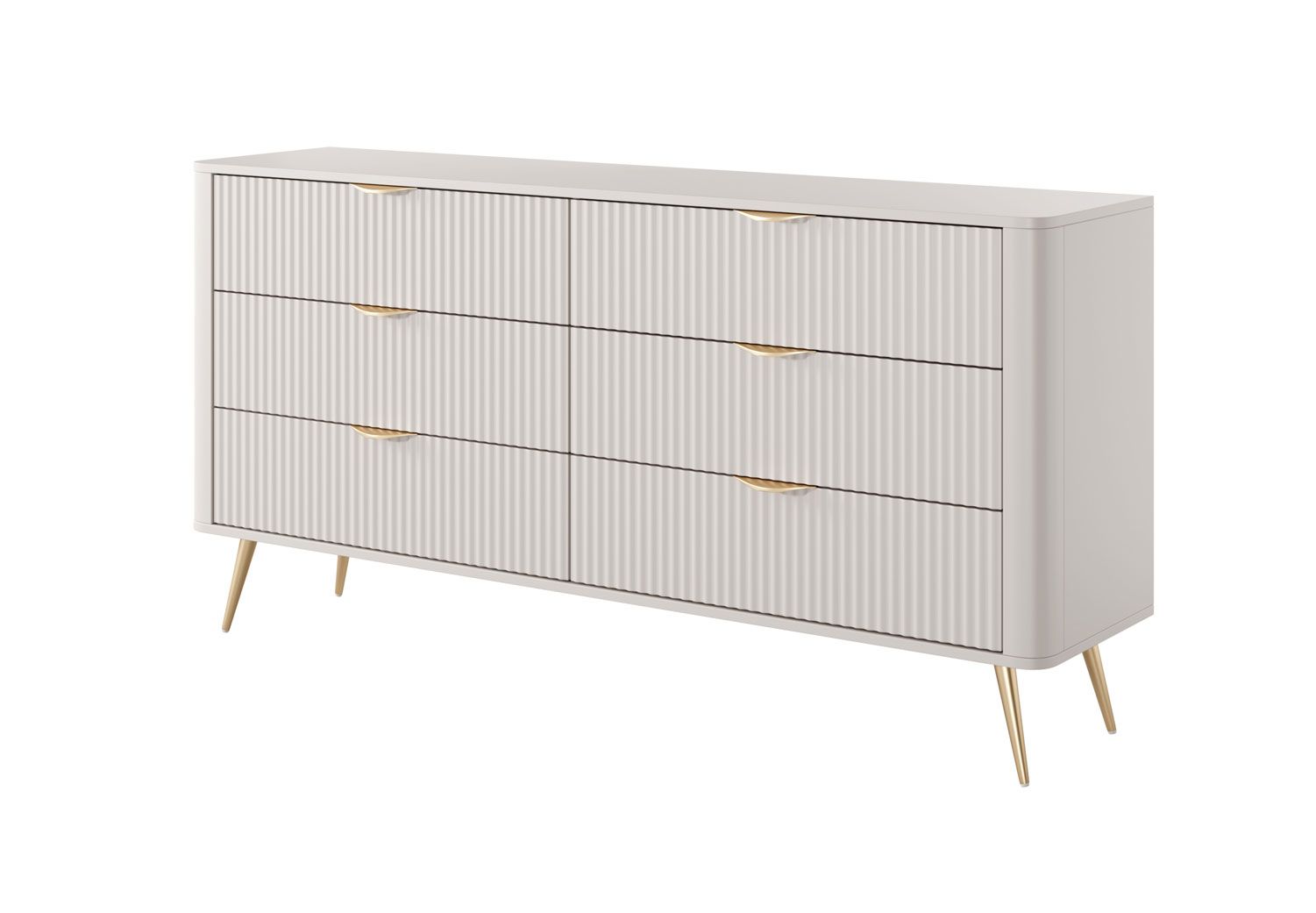 Cassettiera con sei cassetti Sloughia 02, protezione bordi in ABS, colore: beige, dimensioni: 81 x 163 x 38 cm, maniglie e gambe: metallo, design moderno a doghe