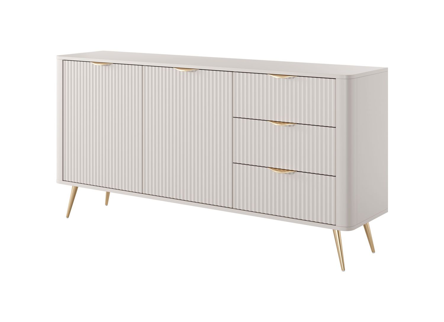 Credenza lunga con ampio spazio Sloughia 03, colore: beige, tre cassetti, quattro scomparti, dimensioni: 81 x 163 x 38 cm, maniglie e gambe: metallo