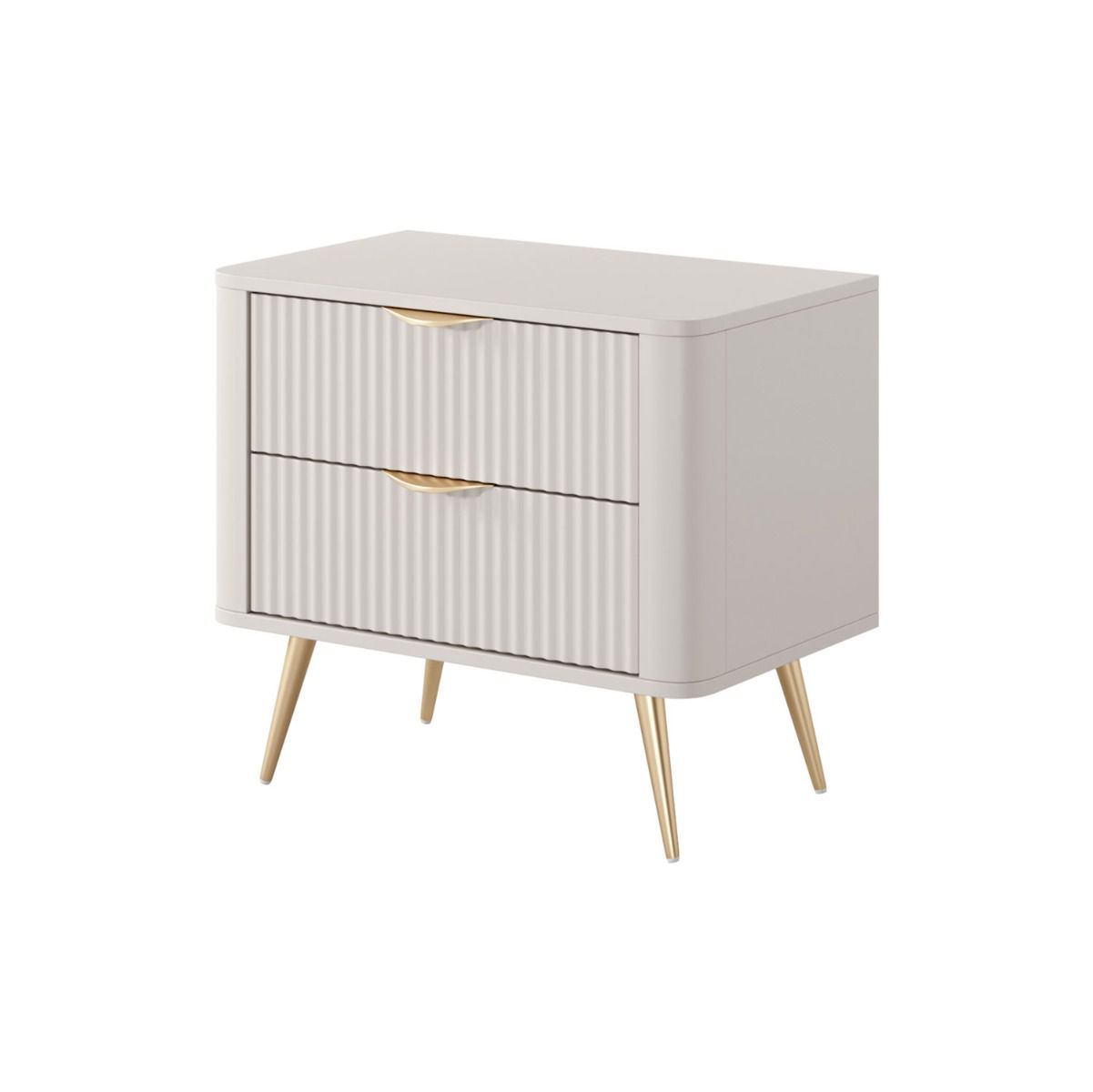 Comodino chiaro con due cassetti Sloughia 07, protezione bordi in ABS, colore: beige, dimensioni: 55 x 63 x 38 cm, maniglie e gambe: metallo