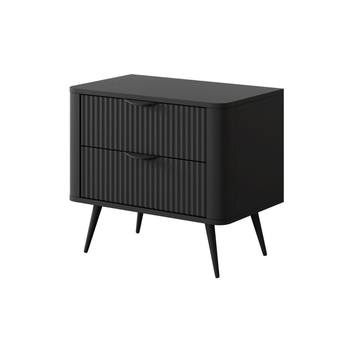 Comodino moderno Sloughia 14, colore: nero, protezione bordi in ABS, maniglie e gambe: metallo, dimensioni: 55 x 63 x 38 cm, elegante frontale a doghe