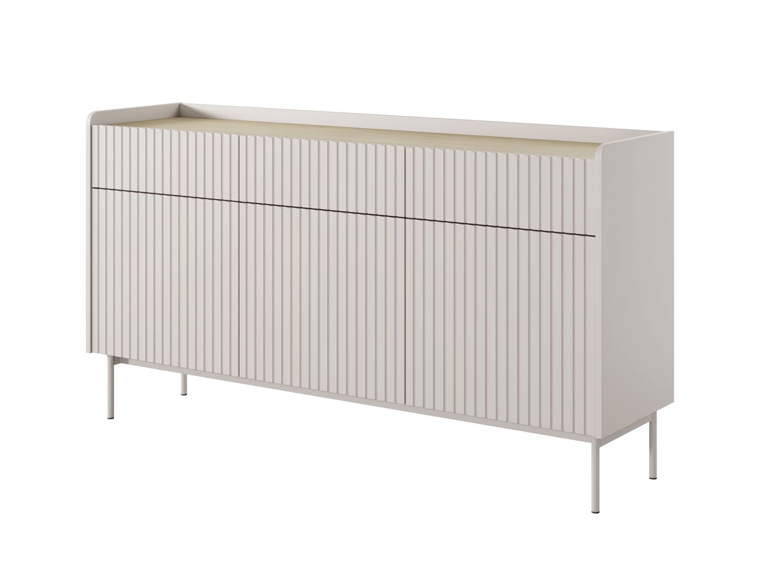 Credenza con apertura a pressione Skhira 02, apertura a pressione, colore: beige / rovere Scandia, tre ante, dimensioni: 82 x 153 x 38 cm, tre cassetti, protezione bordi in ABS