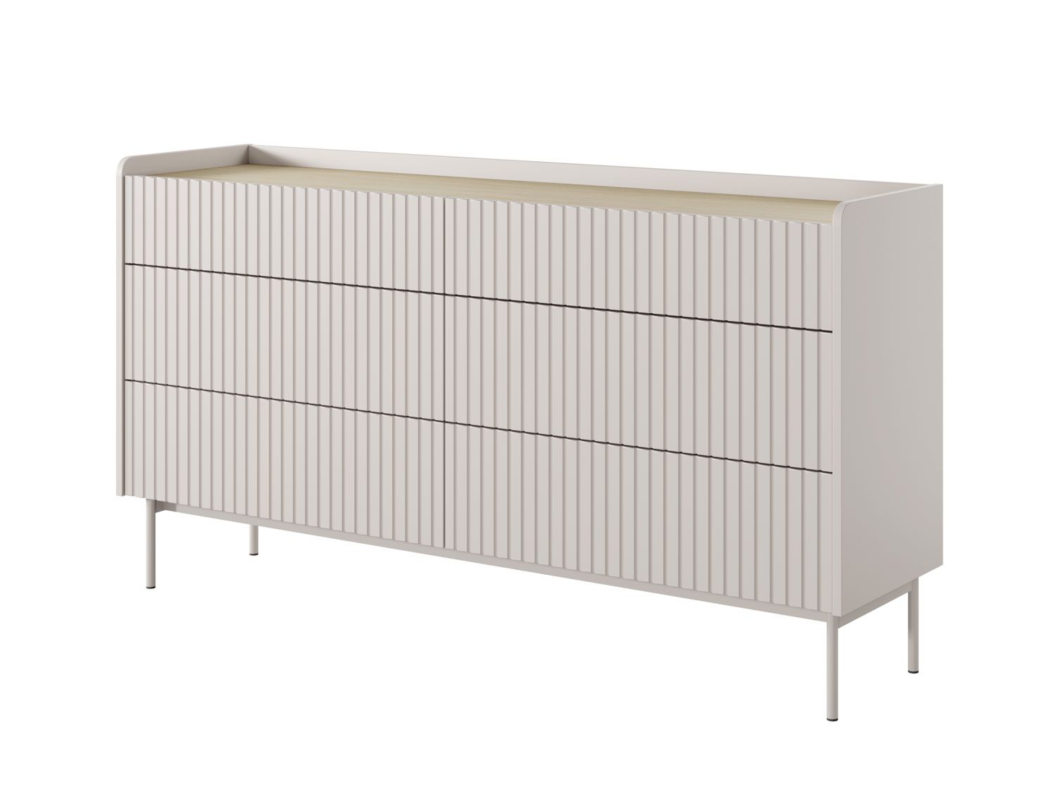 Cassettiera semplice con sei cassetti Skhira 03, design moderno, colore: beige / rovere Scandi, apertura a pressione, protezione bordi in ABS, gambe: metallo