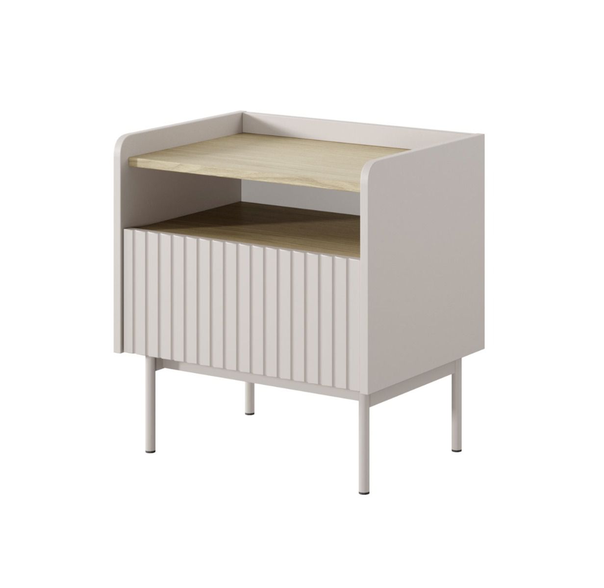 Comodino con un cassetto Skhira 06, colore: beige / rovere Scandia, un vano, apertura a pressione, dimensioni: 56 x 53 x 38 cm, design semplice ed elegante