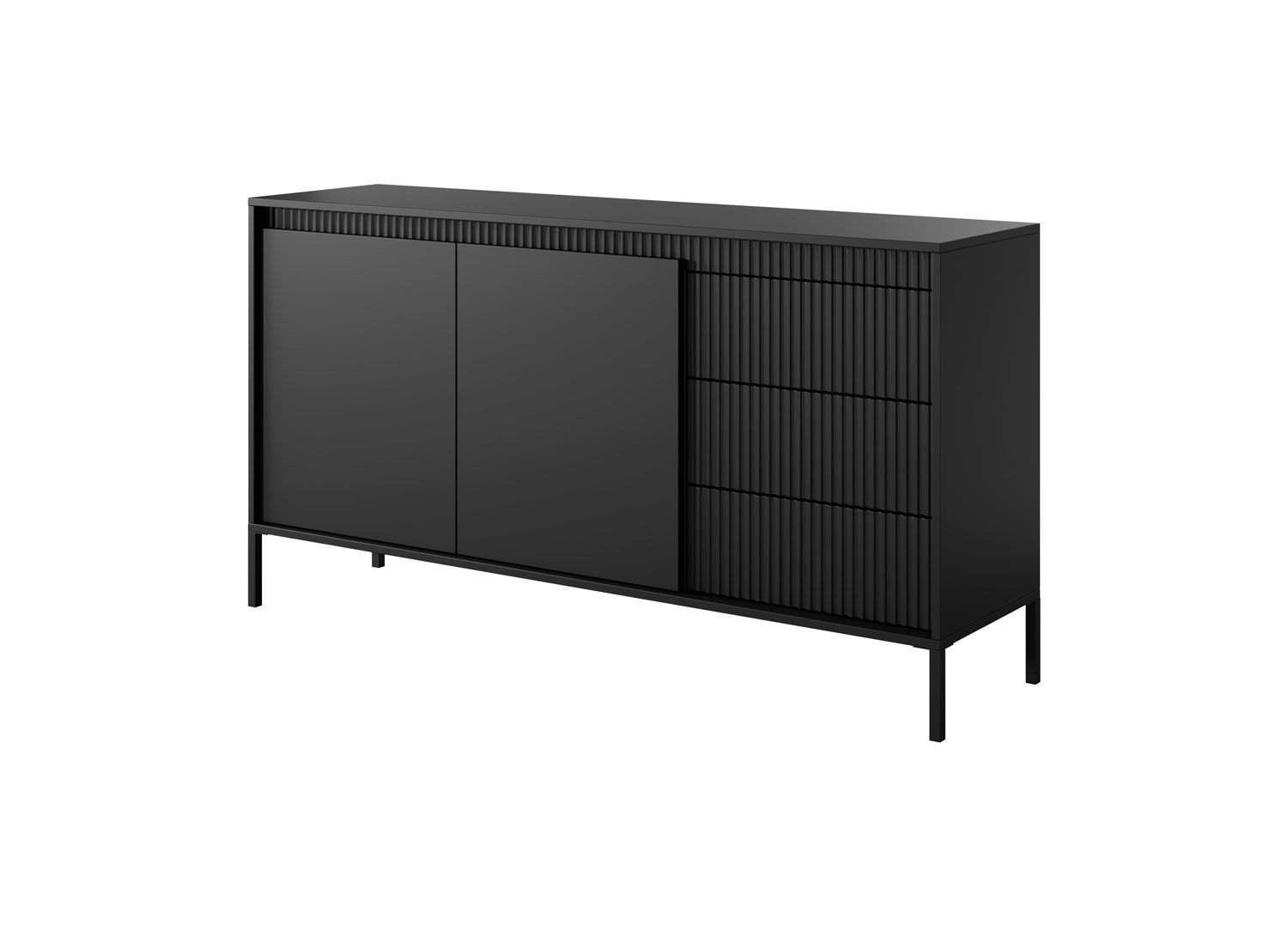 Credenza / cassettiera a quattro scomparti Balta 08, colore: nero, tre cassetti, funzione push-to-open, gambe: metallo, dimensioni: 81 x 153,5 x 39,5 cm