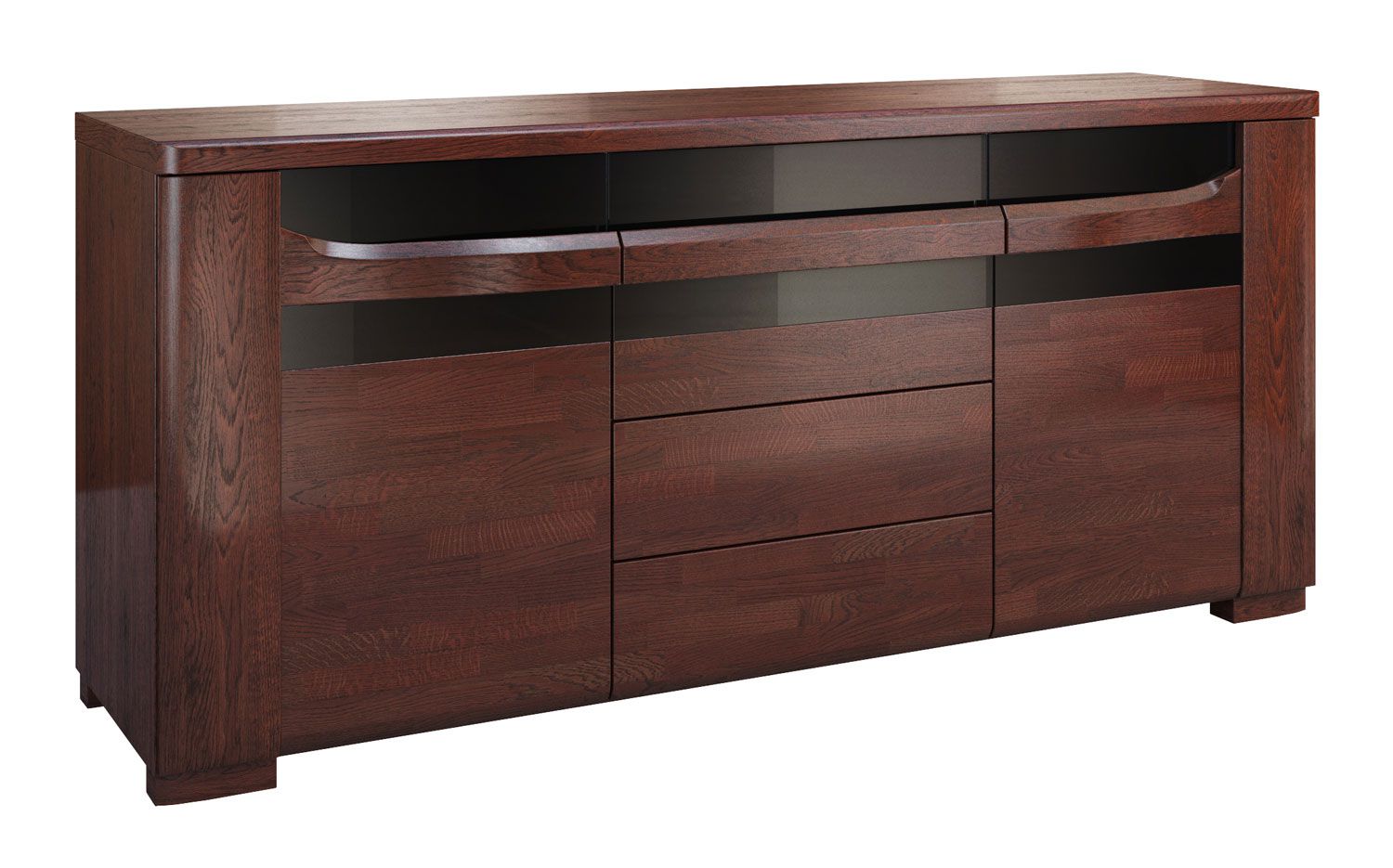 Robusta credenza/cassettiera Krasno 07, rovere massiccio, quattro scomparti, quattro cassetti, funzione push-to-open, dimensioni: 82 x 182 x 53 cm, vetro Lacobel