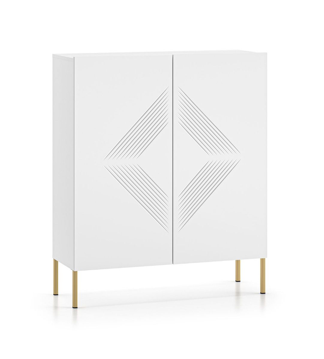 Cassettiera moderna con gambe dorate Taos 02, colore: bianco opaco, design semplice, dimensioni: 120 x 100 x 37 cm, con tre scomparti, per soggiorno