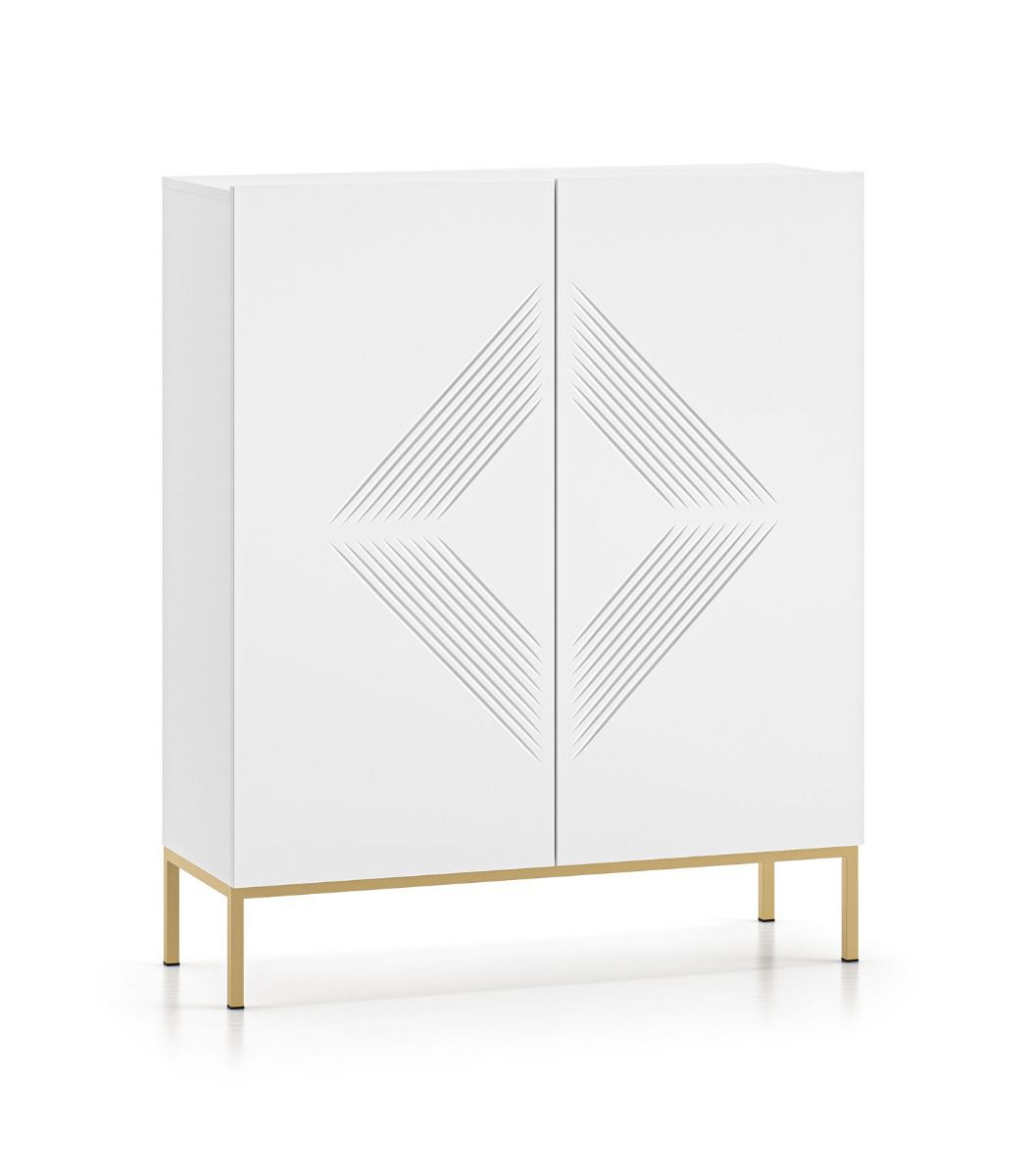 Cassettiera a tre scomparti Taos 04, con motivo moderno, colore: bianco opaco, gambe: metallo, dimensioni: 120 x 100 x 37 cm, per soggiorno, con due ante