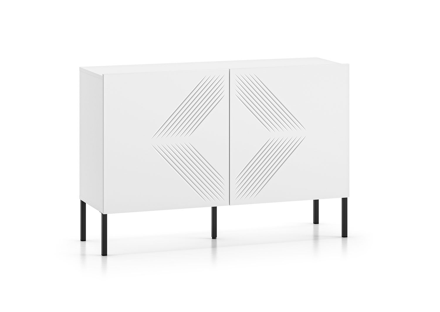 Cassettiera semplice con quattro scomparti Taos 09, design senza tempo, colore: bianco opaco, gambe: nere, dimensioni: 77 x 114 x 37 cm, lavorazione di alta qualità, per il soggiorno 