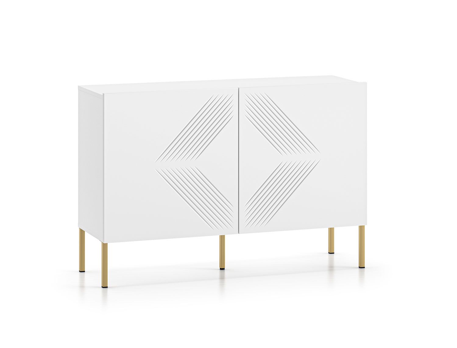 Cassettiera con ampio spazio Taos 10, colore: bianco opaco, ideale da abbinare, gambe: oro, dimensioni: 77 x 114 x 37 cm, con due ante e quattro vani