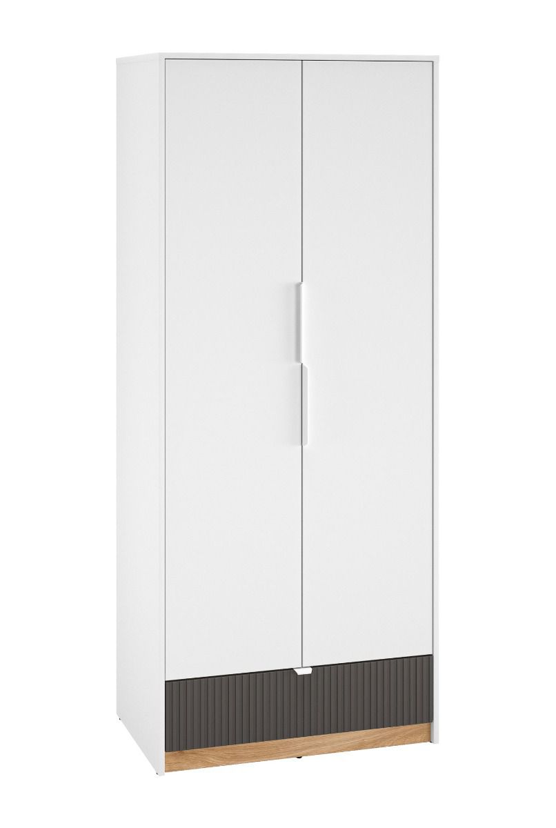 Armadio moderno con chiusura ammortizzata Mackinac 02, colore: bianco / rovere / grafite opaco, protezione bordi in ABS, dimensioni: 196 x 82 x 53 cm, con due ante, un cassetto e un vano