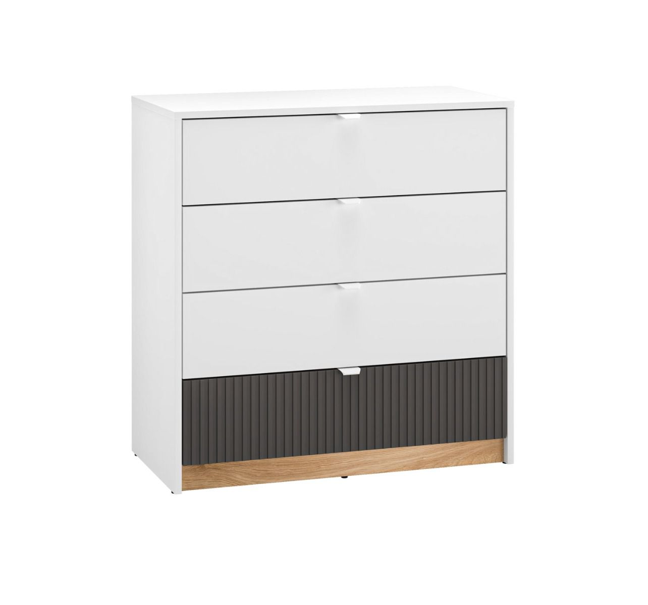 Cassettiera semplice con quattro cassetti Mackinac 07, protezione bordi in ABS, colore: bianco / rovere / grafite opaco, maniglie: Metallo, dimensioni: 86 x 82 x 40 cm, facilmente abbinabile ad altri mobili, con sistema soft-close