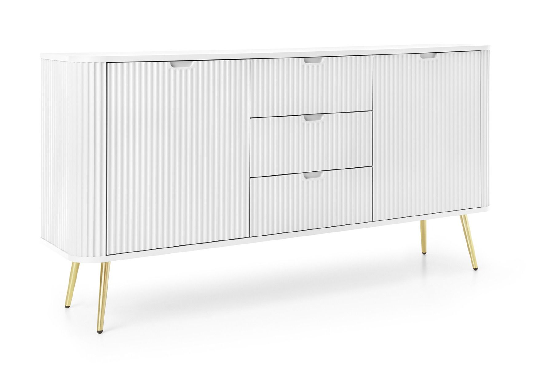 Cassettiera Makreb 10 in bianco, 87 x 168 x 61,5 cm, chiusura ammortizzata, 3 cassetti, frontali fresati, gambe in metallo color oro, 4 scomparti, 2 ante, ABS