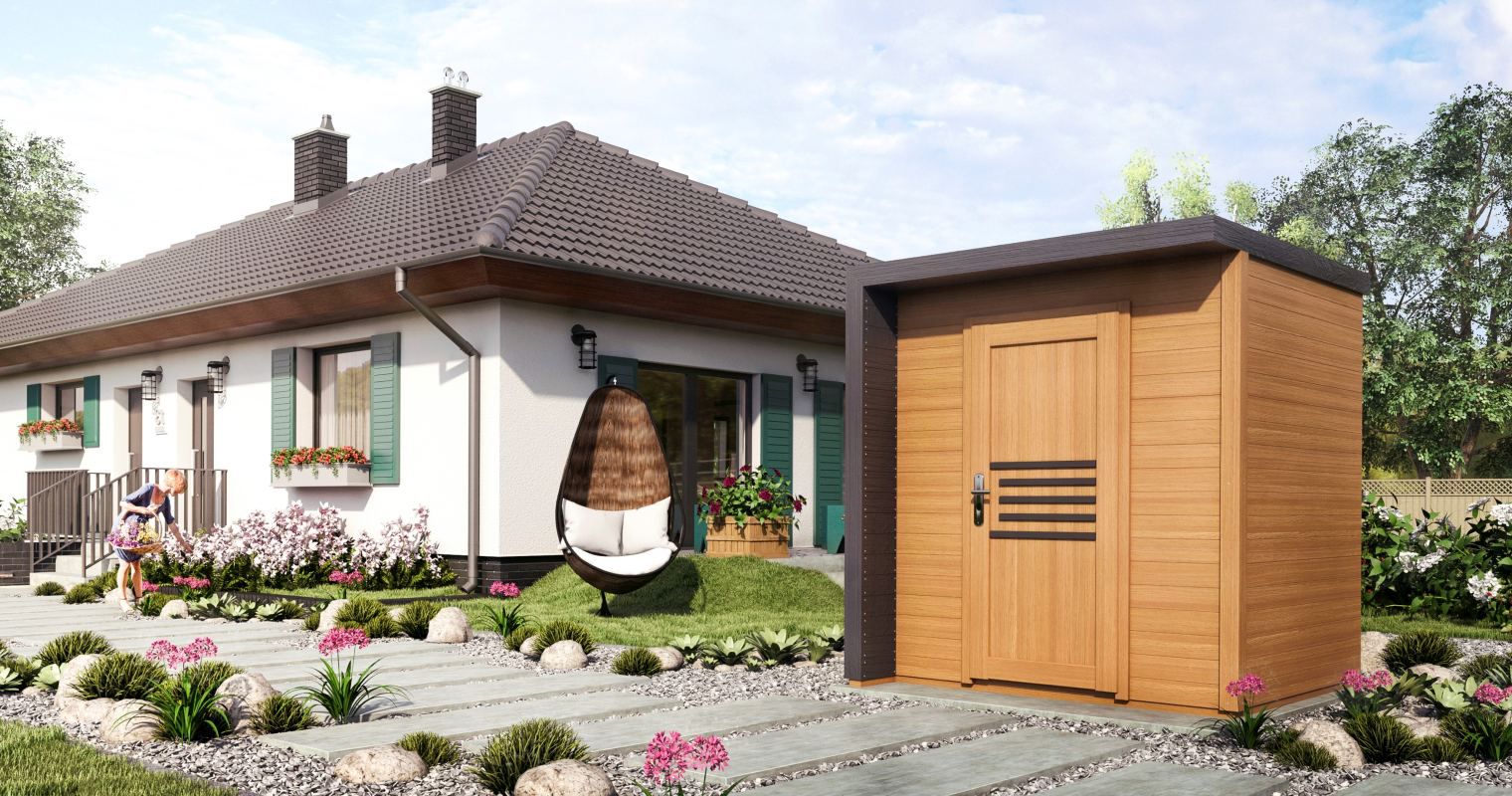 Casetta da giardino prefabbricata "Paran", spessore: 19 mm, rovere / antracite - misure esterne (l x p): 204 x 202 cm