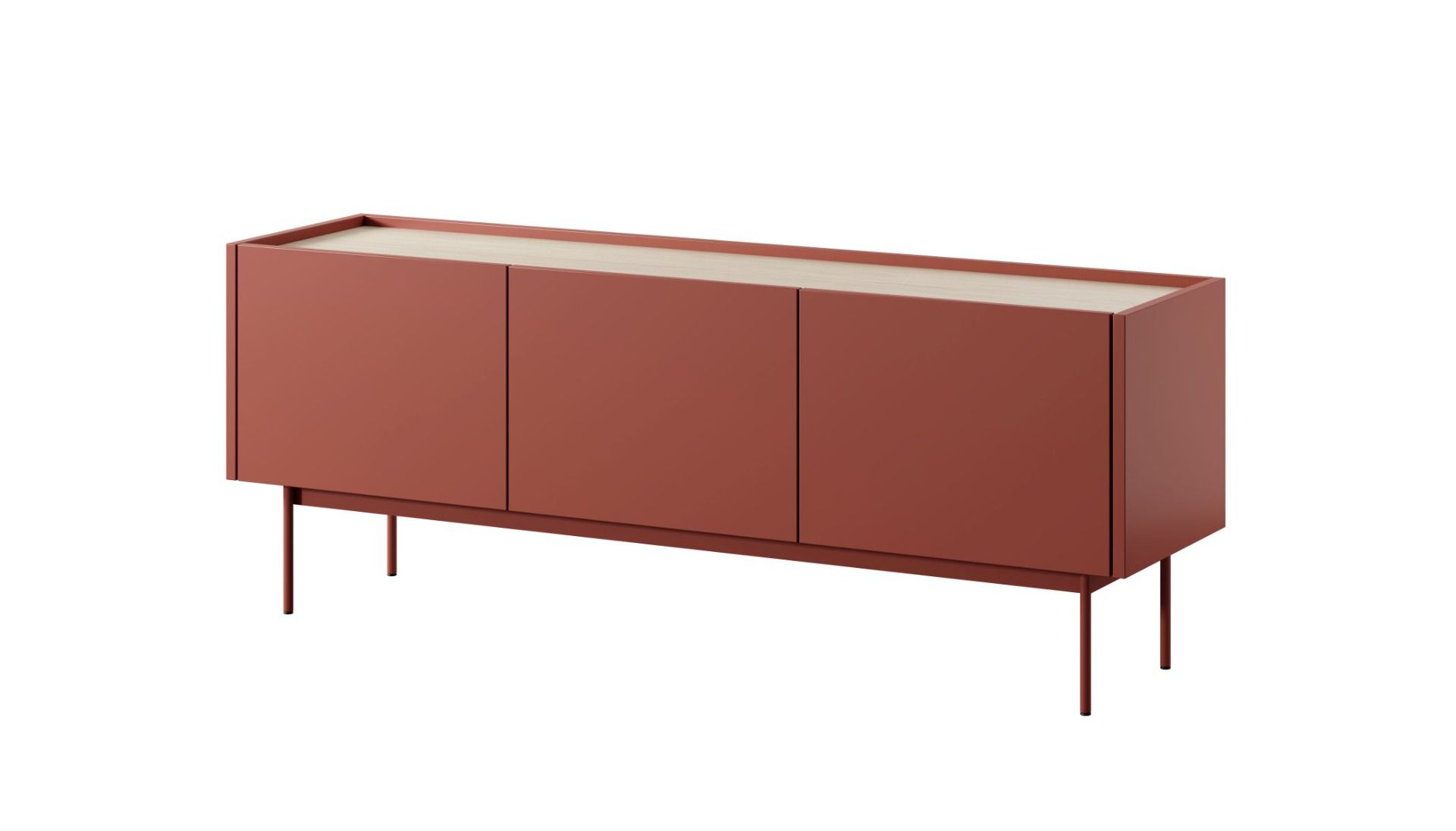 Mobile TV Cascob 01, rosso ceramica / rovere, 55 x 144 x 37 cm, con 3 scomparti e sistema di chiusura ammortizzata, robusto e stabile, materiali di alta qualità