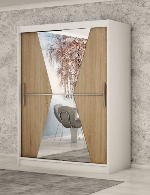 Armadio ad ante scorrevoli Naranco 03 con specchio, bianco opaco / rovere Sonoma - 200 x 150 x 62 cm (h x l x p)