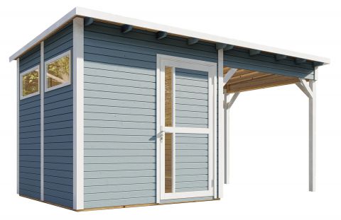 Casetta da giardino prefabbricata Kiel 02 inc. estensione tetto, pavimento e cartone catramato, grigio chiaro laccato - spessore 19 mm, SU: 5,10 m², tetto piano