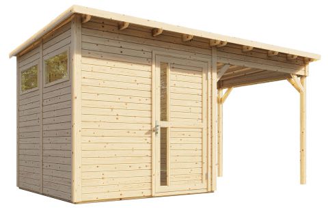 Casetta da giardino prefabbricata Kiel 02 inc. estensione tetto, pavimento e cartone catramato, legno grezzo - spessore 19 mm, SU: 5,10 m², tetto piano