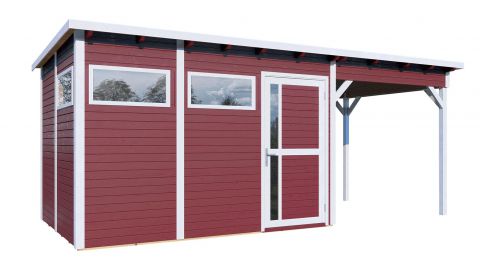 Casetta da giardino prefabbricata Kiel 03 inc. estensione tetto, pavimento e cartone catramato, rosso vino laccato - spessore 19 mm, SU: 7,70 m², tetto piano