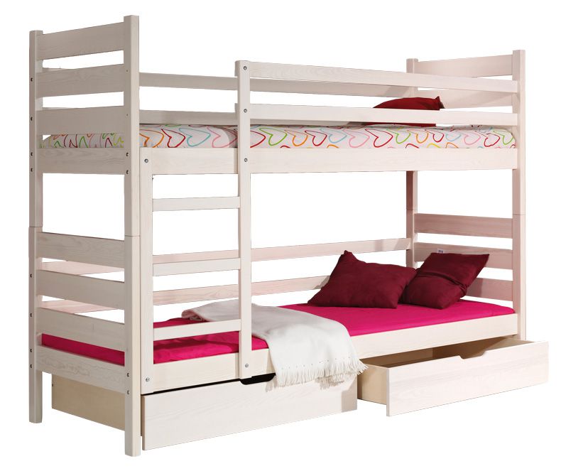 Letto a castello "Milo" 19, incl.  2 cassetti, bianco, legno massello, 80 x 190 cm (l x l), divisibile