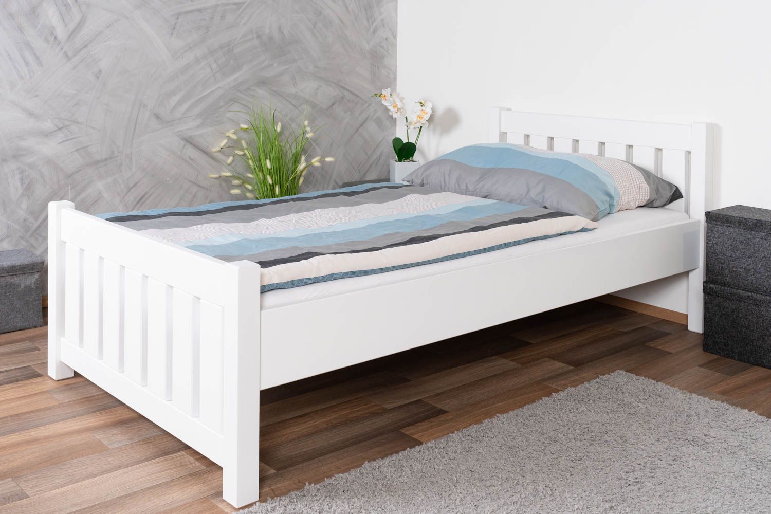 Letto singolo "107", faggio massiccio, bianco, incl. rete a doghe, 100 x 200 cm, moderno, robusto, montaggio semplice e veloce