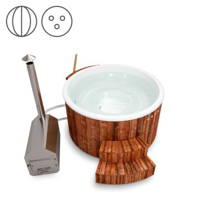 Vasca da bagno per esterni 01 in legno termotrattato con illuminazione a LED, copertura termica e isolamento termico, vasca: bianca, diametro interno: 180 cm
