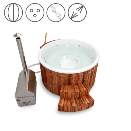 Vasca da bagno per esterni 01 in legno termotrattato con illuminazione a LED, copertura termica, getti massaggianti e isolamento termico, vasca: bianca, diametro interno: 180 cm
