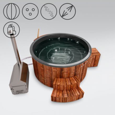 Vasca da bagno per esterni 01 in legno termotrattato con illuminazione a LED, copertura termica, getti massaggianti, filtro a sabbia, box in legno e isolamento termico, vasca: antracite, diametro interno: 200 cm