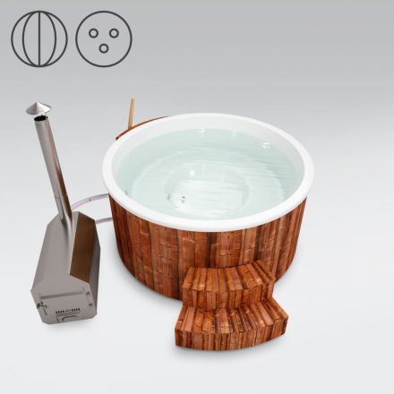 Vasca da bagno per esterni 01 in legno termotrattato con illuminazione a LED, copertura termica e isolamento termico, vasca: bianca, diametro interno: 200 cm