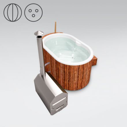 Vasca da bagno per esterni 02 in legno termotrattato con illuminazione a LED, copertura termica e isolamento termico, vasca: bianca, misure esterne: 189 x 118 cm (l x p)