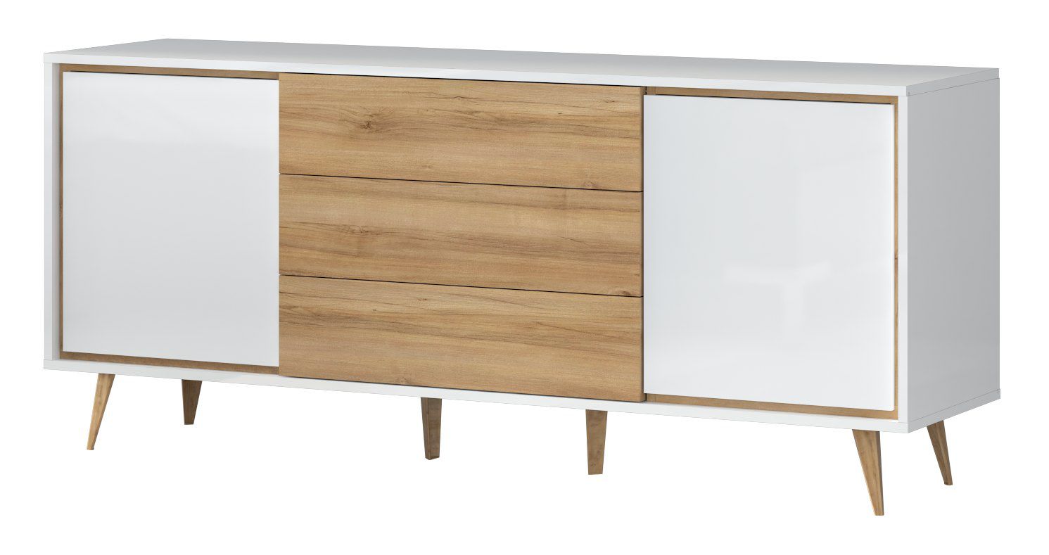 Cassettiera Tuanai 05, colore: quercia / bianco lucido - 78 x 180 x 47 cm (h x l x p)