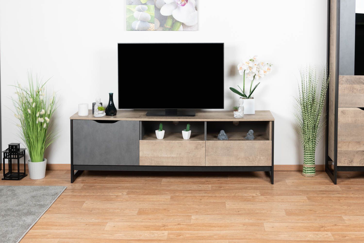 Mobile TV "Bassatine" 03, rovere rustico / grigio / nero - 53 x 161 x 40 cm (h x l x p)