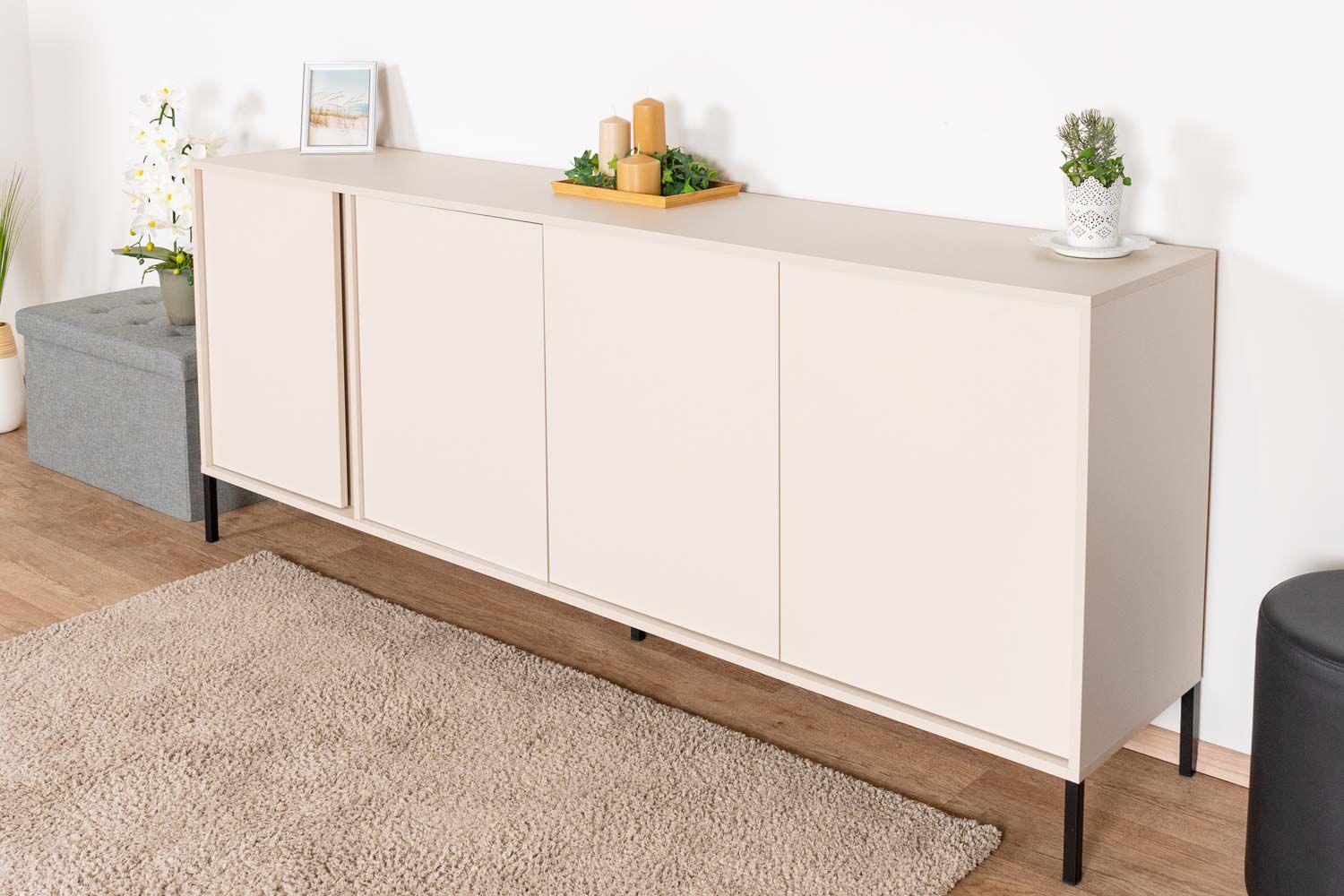 Cassettiera lunga con ampio spazio di archiviazione Zaghouan 08, colore: Beige - Dimensioni: 81,5 x 202,9 x 39,5 cm (A x L x P)