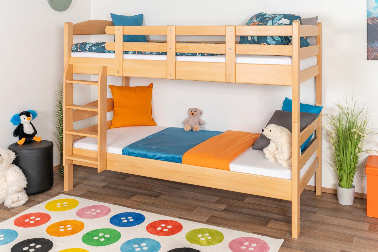 Letto a castello 90 x 200 cm per bambini "Easy Premium Line" K17/n, legno massiccio di faggio naturale, laccato, divisibile