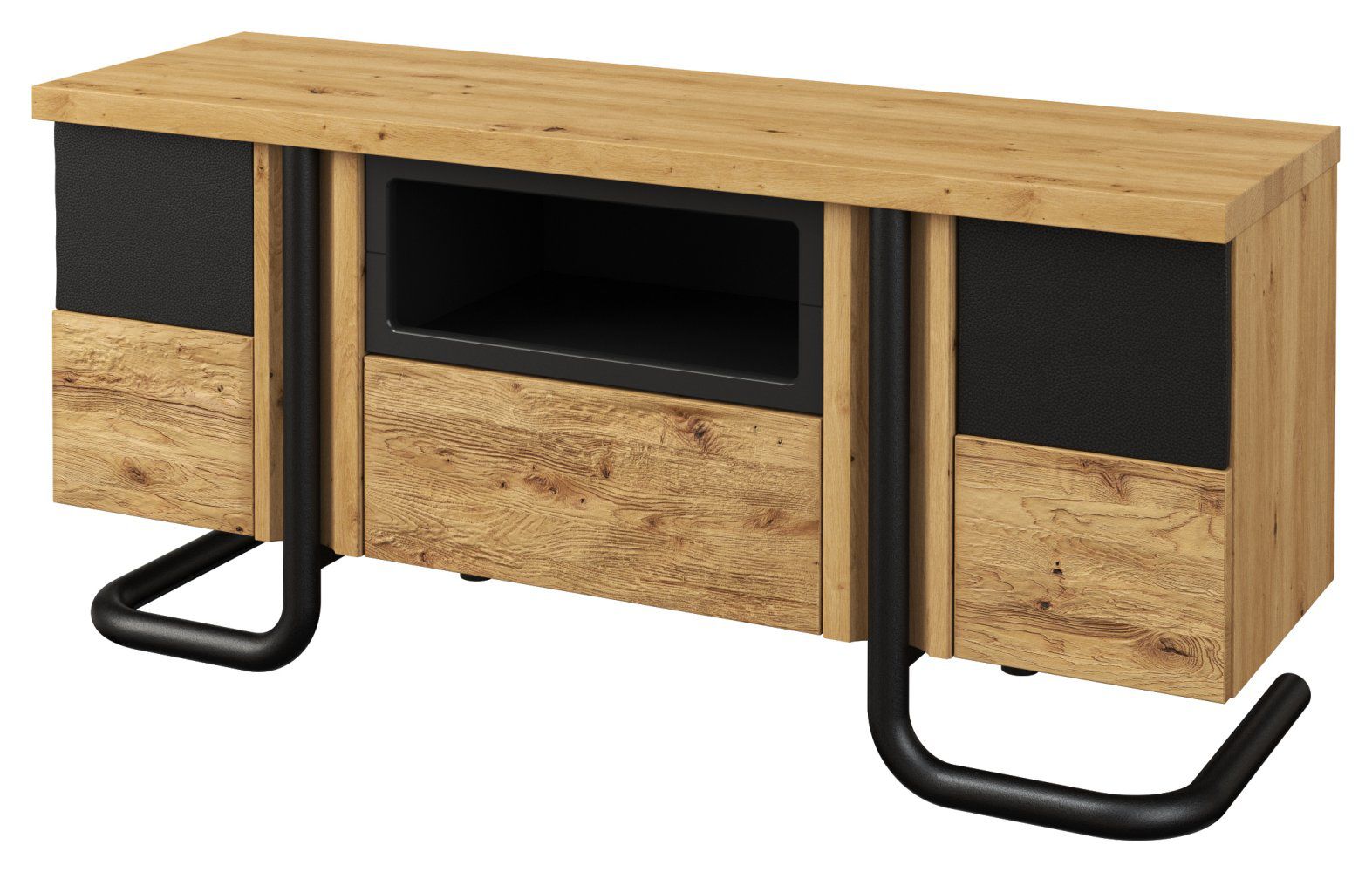 Mobile TV "Ogulin" 17, rovere / nero, parzialmente massello - 63 x 142 x 45 cm (h x l x p)