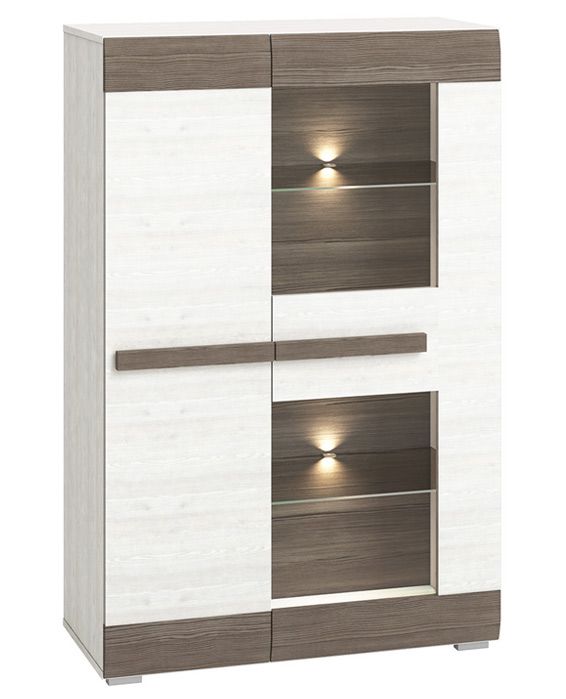 Vetrinetta Knoxville 05, in pino, bianco / grigio - 140 x 92 x 42 cm (h x l x p), con 2 porte e 8 scomparti