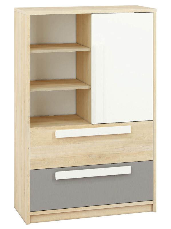 Cameretta - Cassettiera "Greeley" 07, faggio / bianco / grigio platino - 140 x 92 x 40 cm (h x l x p), 1 anta, 2 cassetti e 6 scomparti