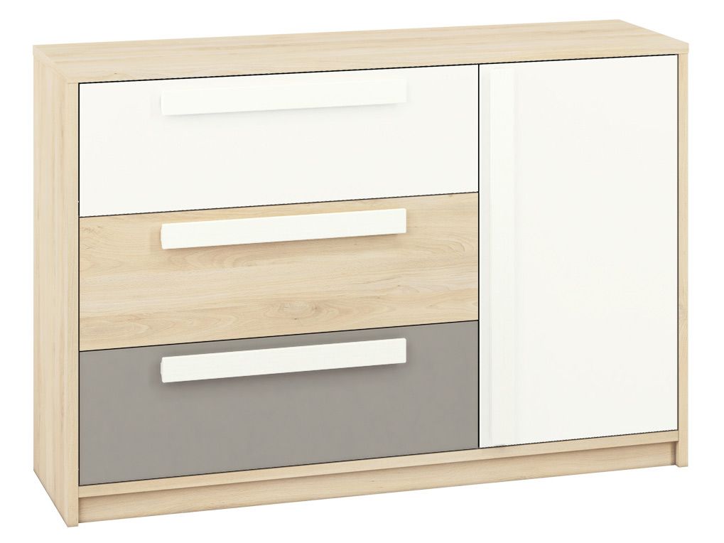 Cameretta - Cassettiera "Greeley" 08, faggio / bianco / grigio platino - 93 x 138 x 40 cm (h x l x p), 1 anta, 3 cassetti e 2 scomparti