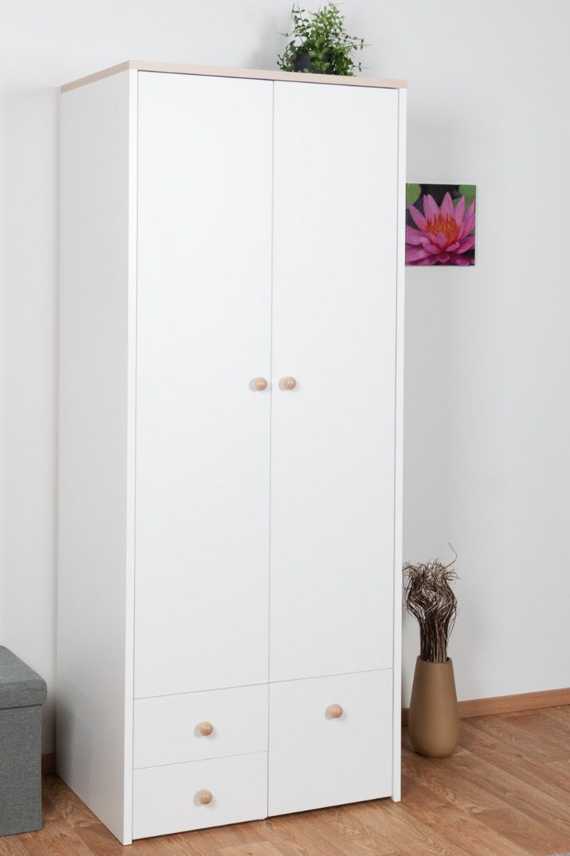 Cameretta - Armadio ad ante battenti "Egvad" 02, bianco / faggio - 193 x 80 x 51 cm (h x l x p), 2 ante, 3 cassetti e 1 scomparto