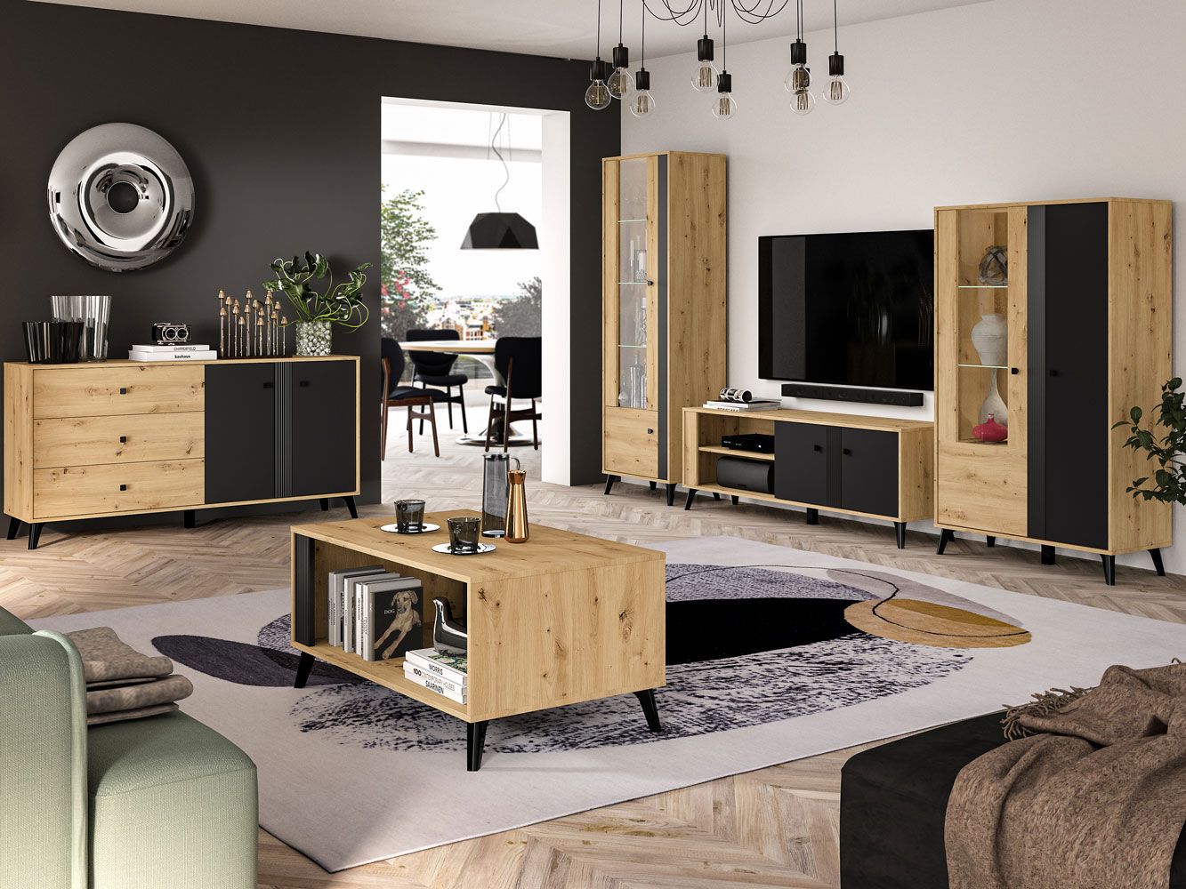 Set completo per soggiorno B Lassila, 5 pezzi, colore: rovere Artisan / nero