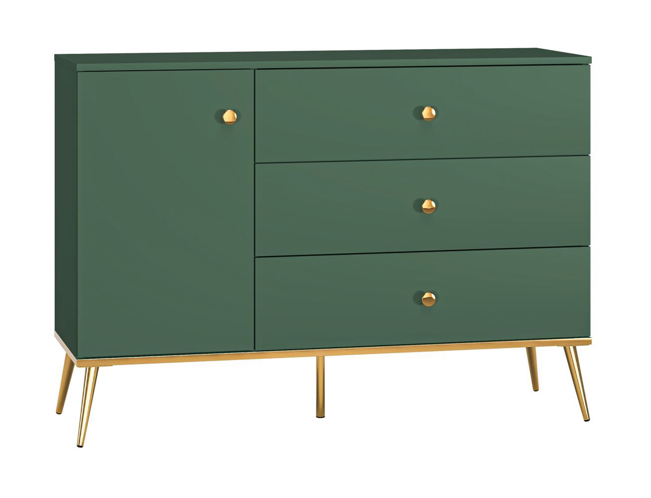 Cassettiera Inari 04, verde foresta - misure: 85 x 120 x 40 cm (h x l x p), con 1 anta, 3 cassetti e 2 scomparti