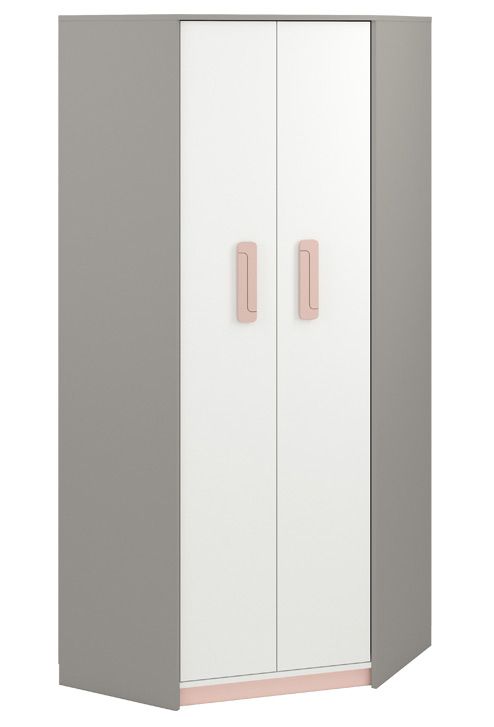 Cameretta - Armadio angolare "Renton" 01, grigio platino / bianco / rosa cipria - 199 x 82 x 82 cm (h x l x p), 2 ante e 6 scomparti